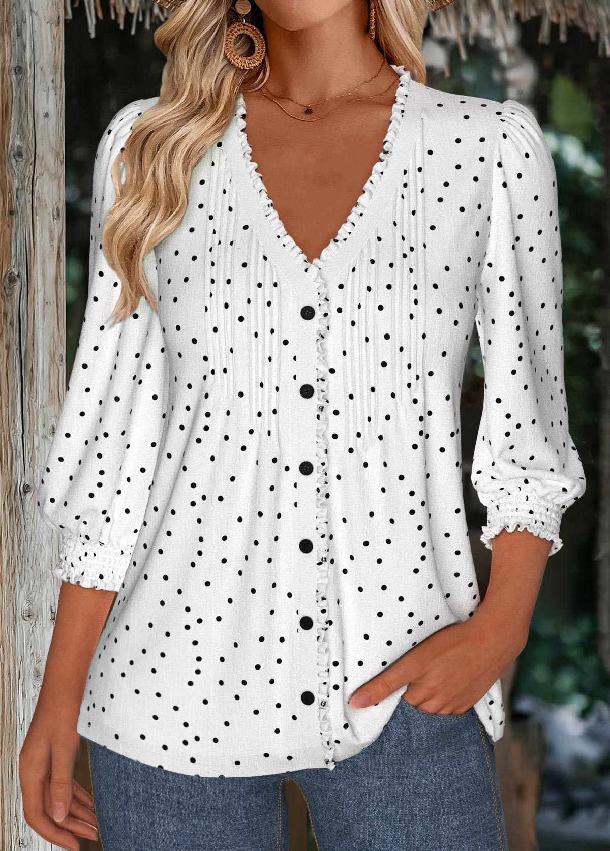 White Polka Dot 3/4 Sleeve V Neck Blouse