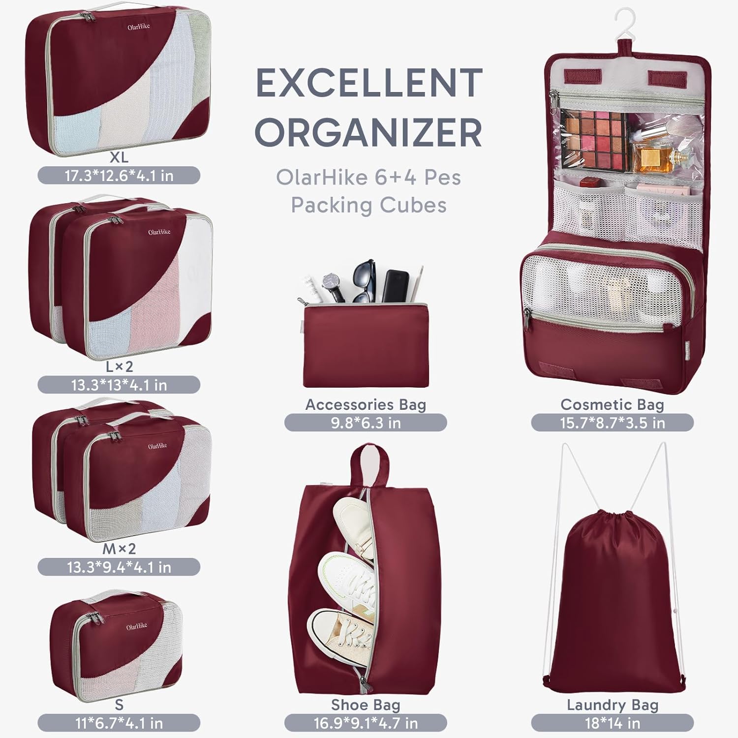 10 Set/8 Set Packing Cubes for Travel, Gifts for Women Mom,Anti-Tearing Suitcase Organizer for Luggage with Shoe & Hanging Toiletry Bag,OlarHike Vacation Essentials & Accessories for Cruise Ship,Cream