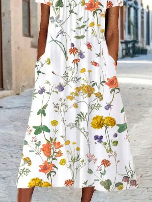 Blumenmuster Midi-Kleid Jersey Rundhals Kurzarm l盲ssiger Stil Noracora