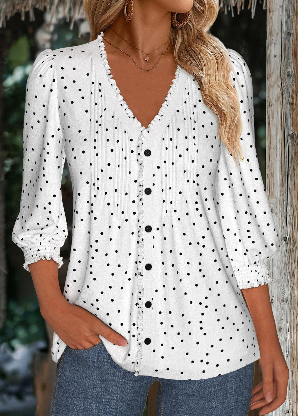 White Polka Dot 3/4 Sleeve V Neck Blouse