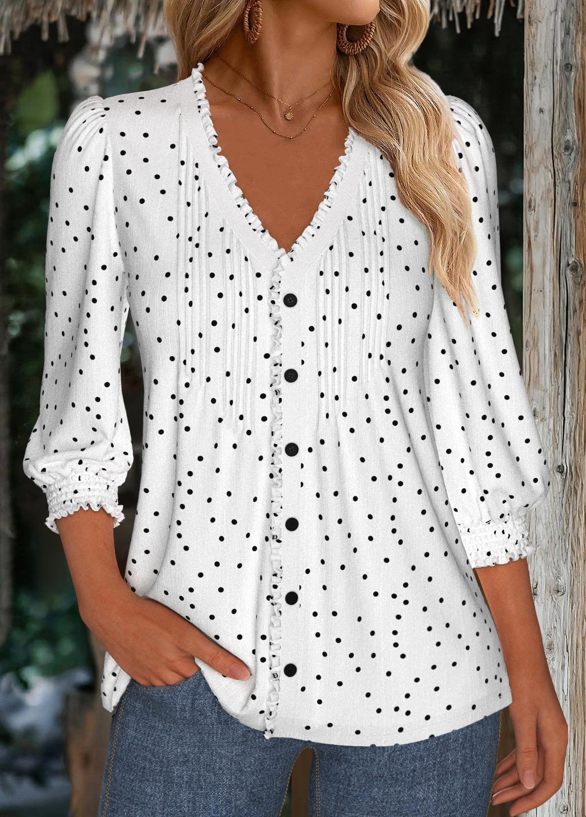 White Polka Dot 3/4 Sleeve V Neck Blouse
