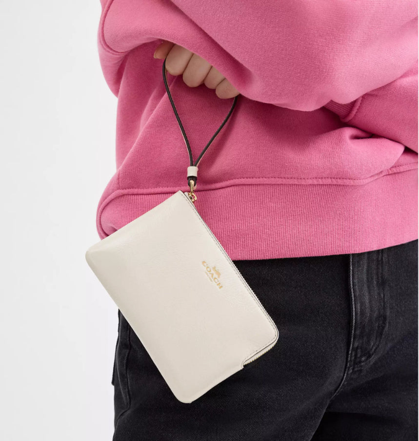 Coach Patent Leather Corner Zip Wristlet In Gold/Pearl