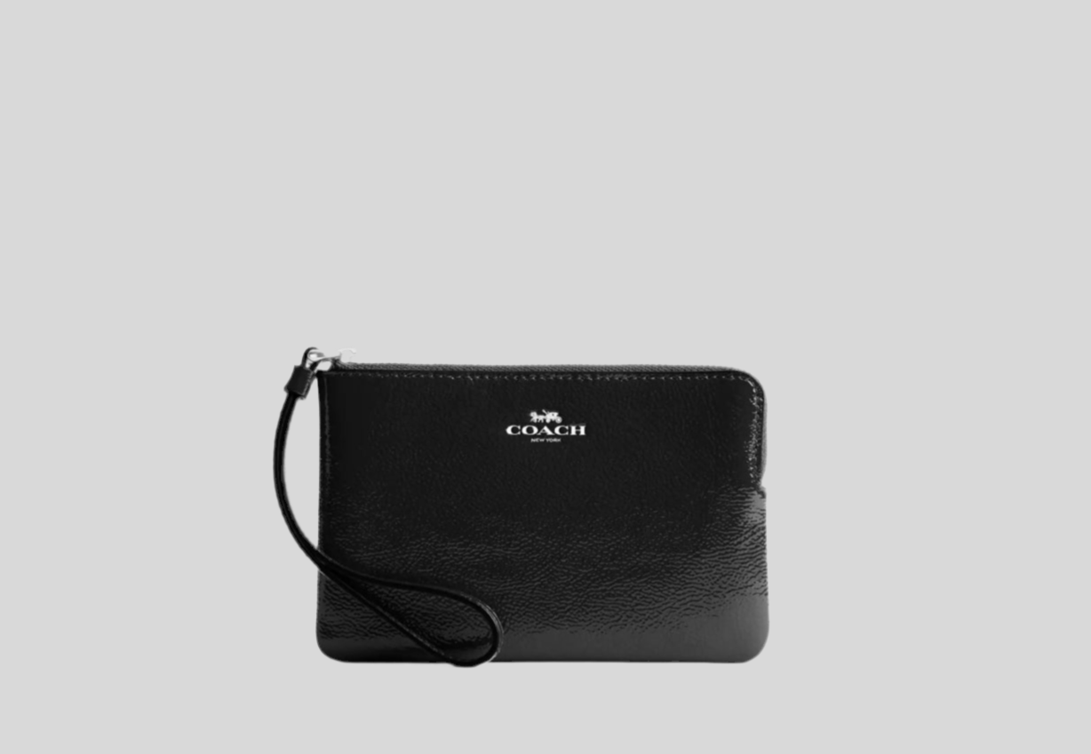 Coach Corner Zip Leather Wristlet In Silver/Black