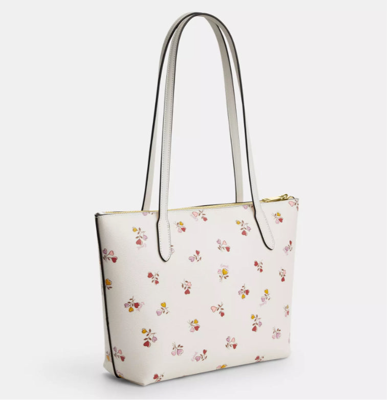 Coach Fiona Zip Tote Bag with Floral Print In Gold Chalk Multi