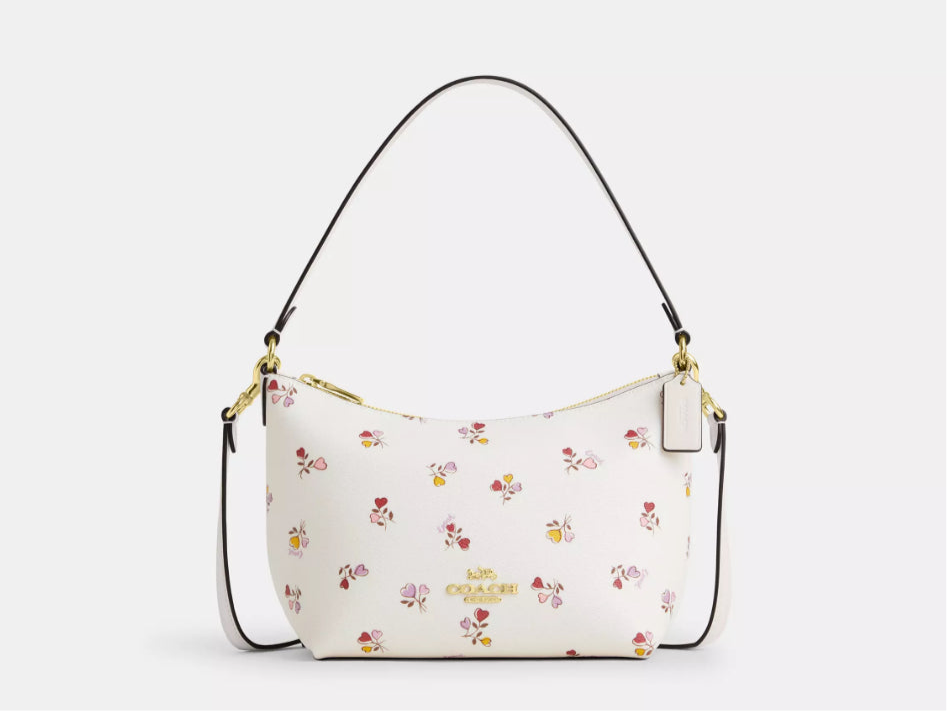 Coach Zip Top Shoulder Bag with Floral print Flowers In Gold/Chalk Multi