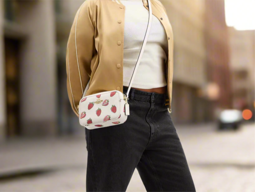 Coach Mini Jamie Camera Bag With Strawberry Print In Chalk/Red