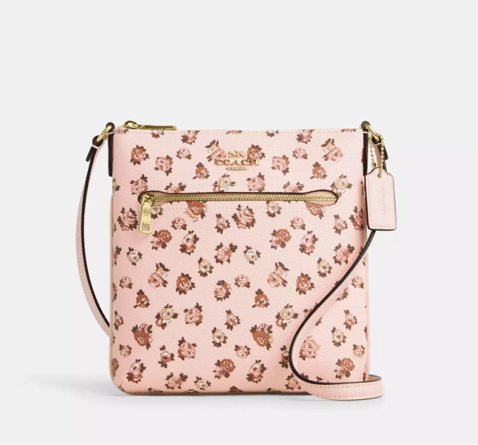 Coach Mini Rowan File Bag With Rose Print In Gold/Blush