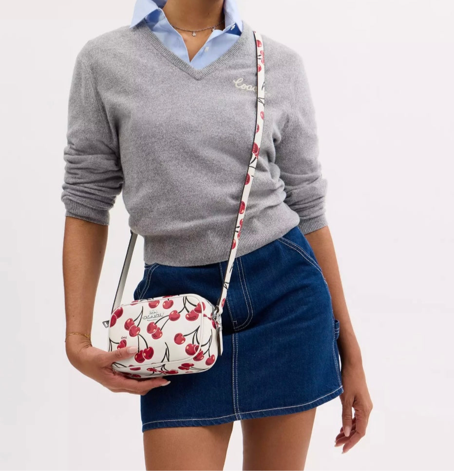 Coach Mini Jamie Camera Bag With Cherry Print In Chalk/Red