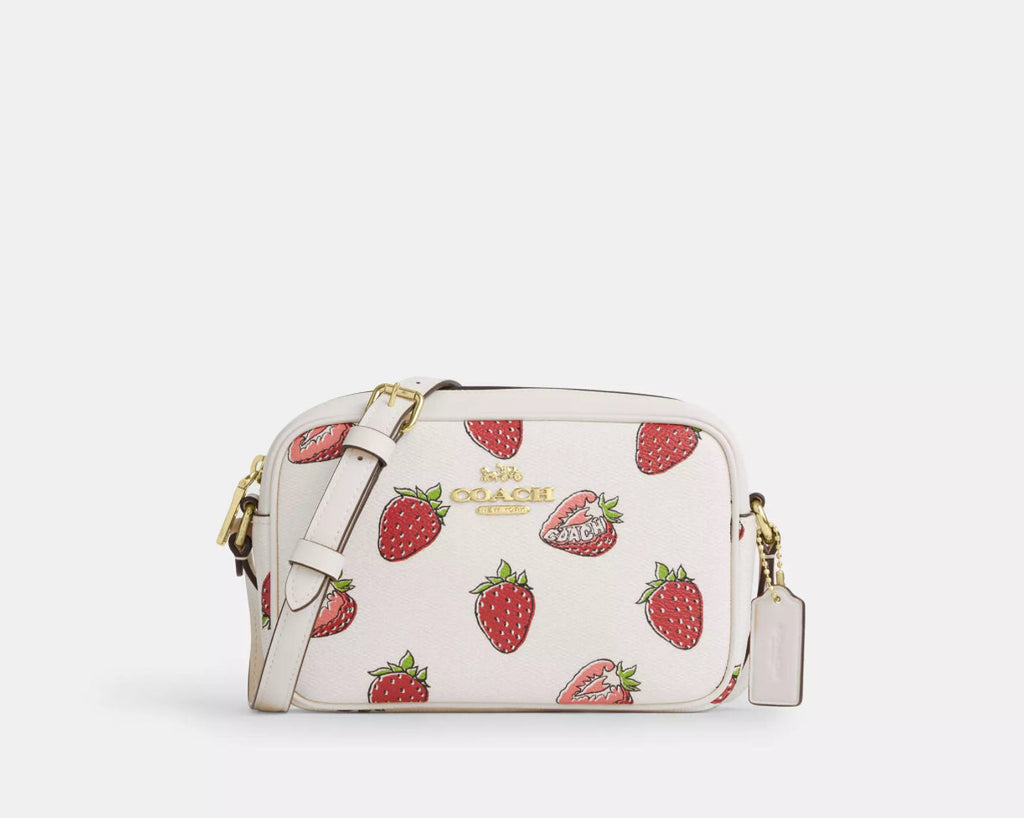 Coach Mini Jamie Camera Bag With Strawberry Print In Chalk/Red