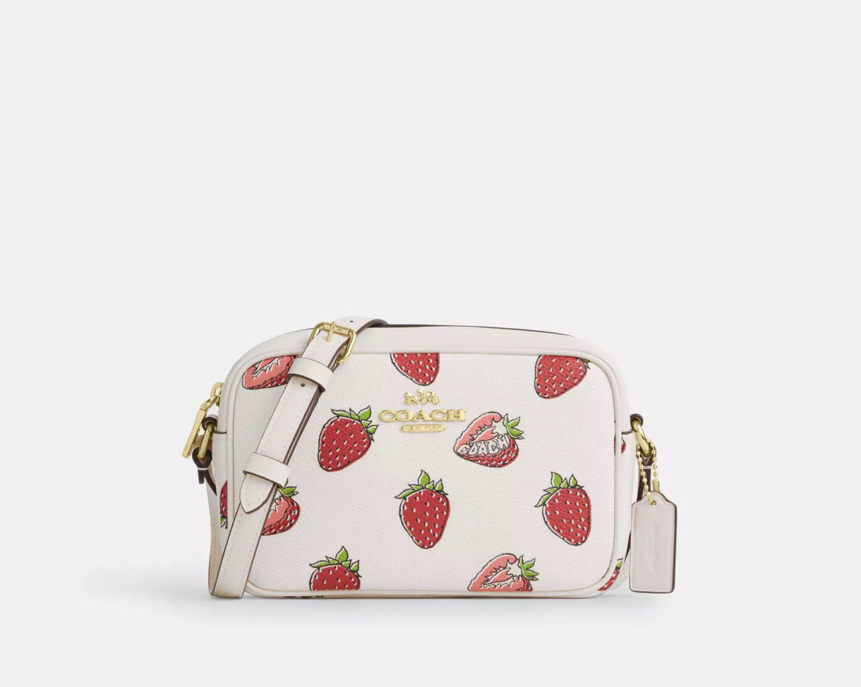 Coach Mini Jamie Camera Bag With Strawberry Print In Chalk/Red