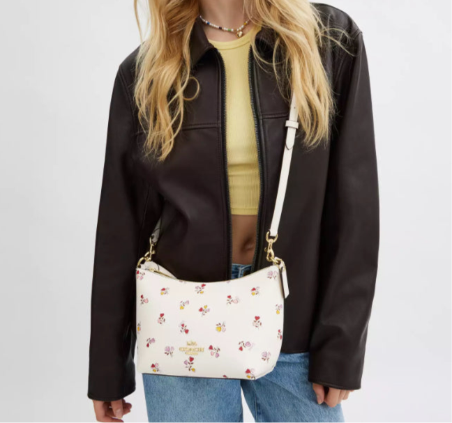 Coach Zip Top Shoulder Bag with Floral print Flowers In Gold/Chalk Multi