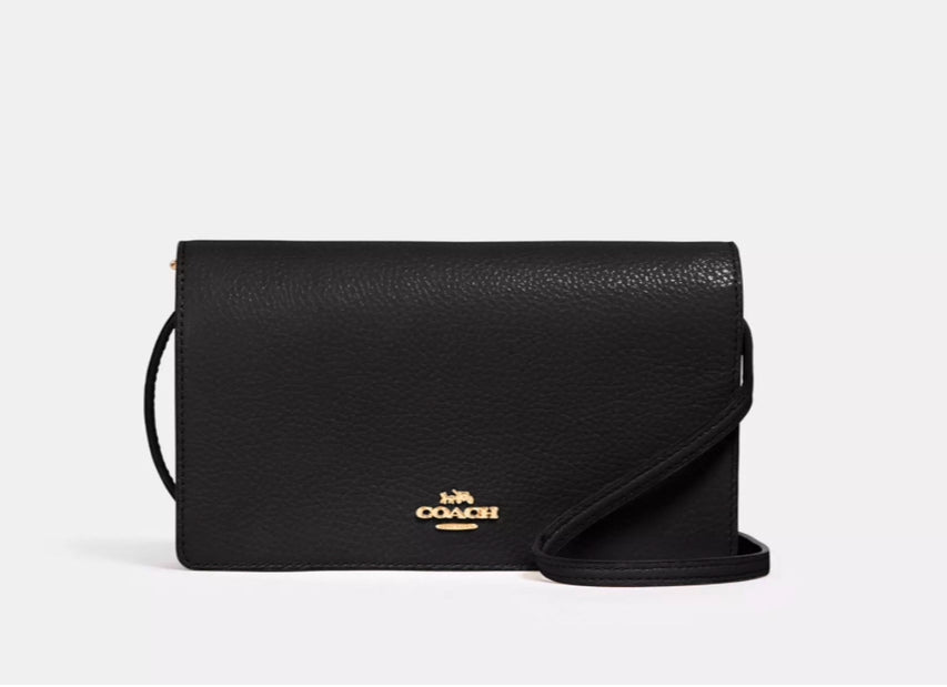 Coach Anna Foldover Clutch/Crossbody Leather Black Bag