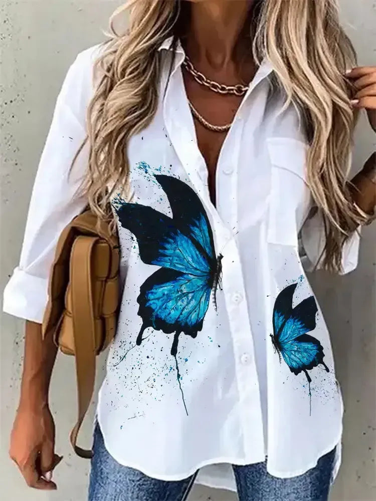 Women 3/4 Sleeve Shirt Collar Floral Printed Animal Print Button Top Shirts