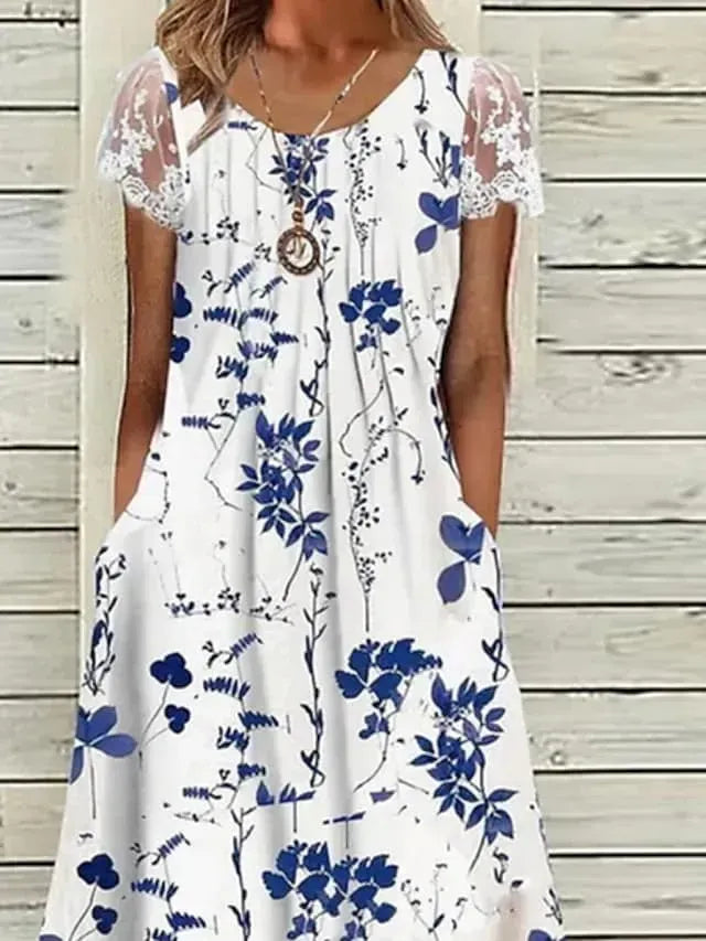 Women's Casual Dress Midi Dress White Short Sleeve Floral Ruched Dress