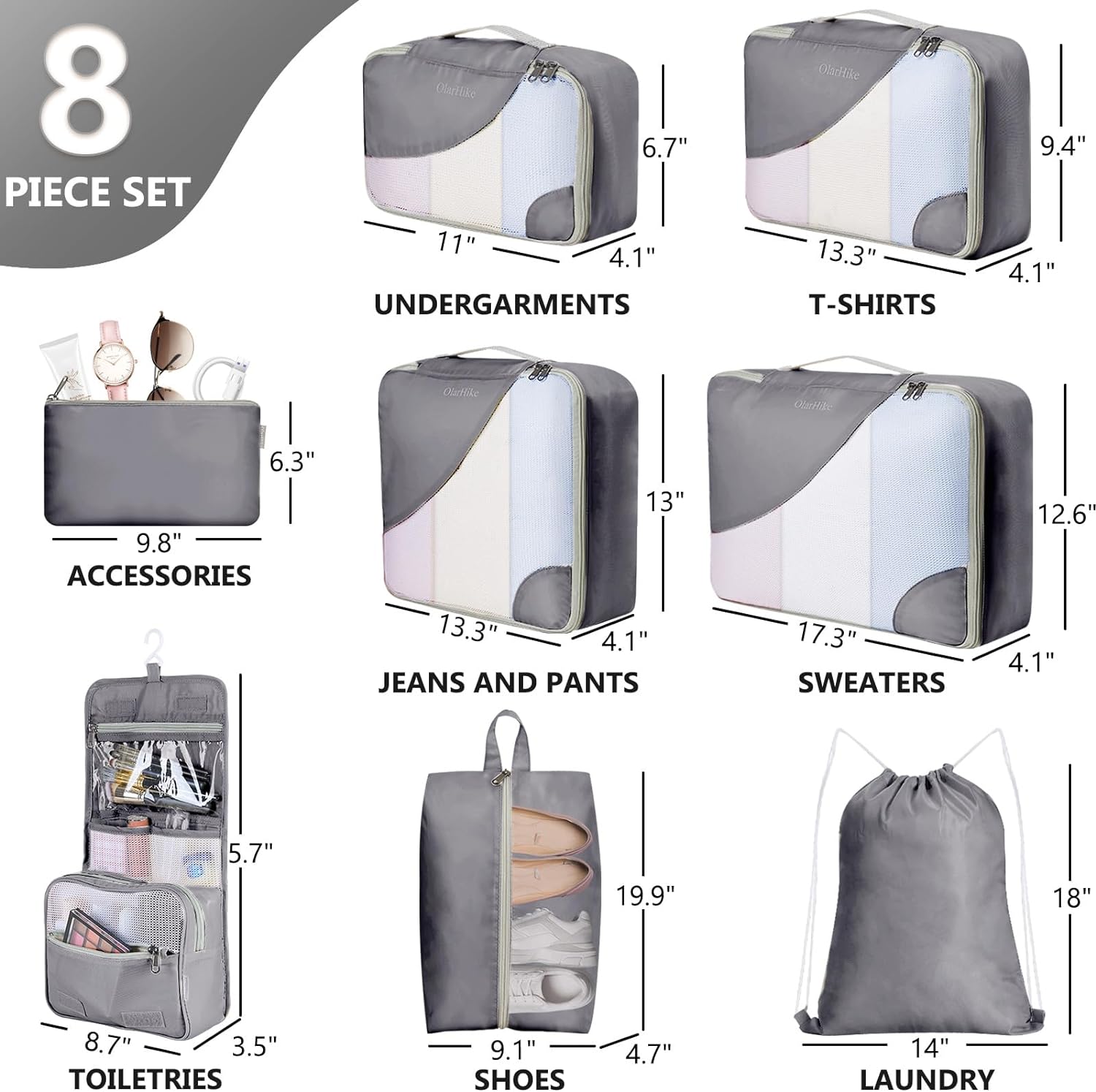 10 Set/8 Set Packing Cubes for Travel, Gifts for Women Mom,Anti-Tearing Suitcase Organizer for Luggage with Shoe & Hanging Toiletry Bag,OlarHike Vacation Essentials & Accessories for Cruise Ship,Cream