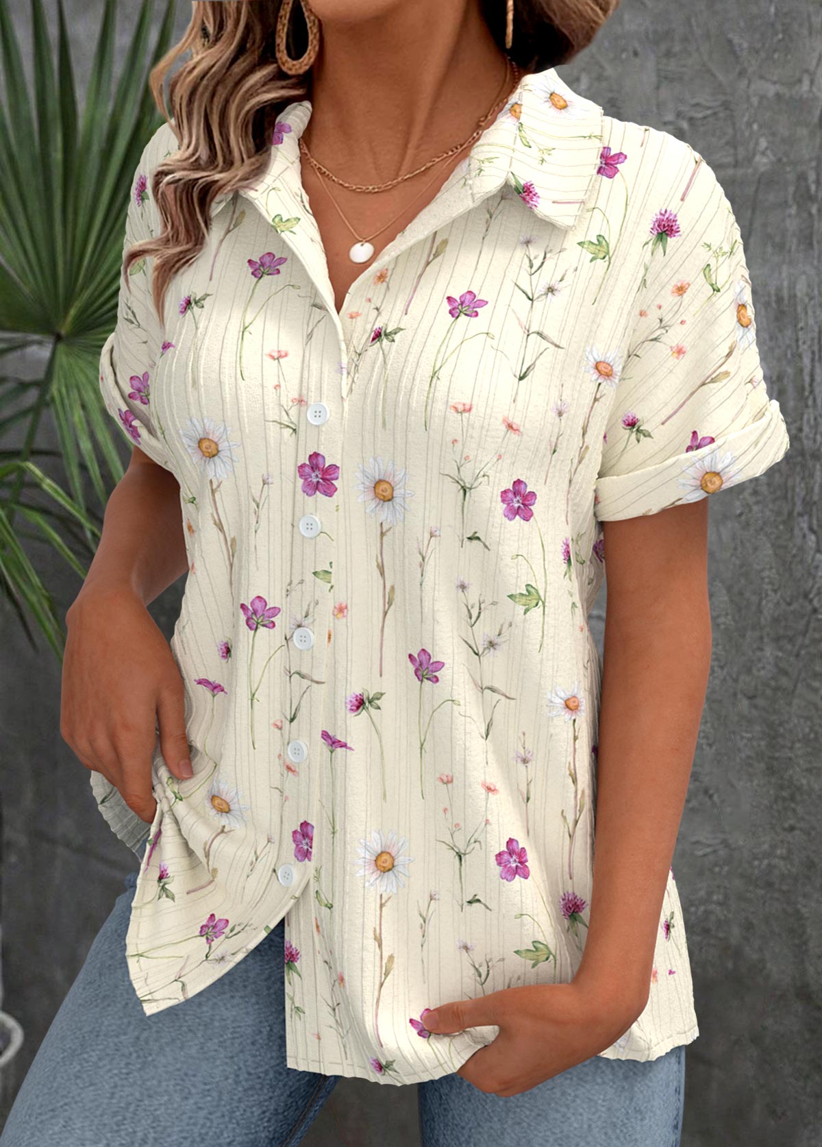 Beige Ditsy Floral Print Short Sleeve Shirt Collar Blouse