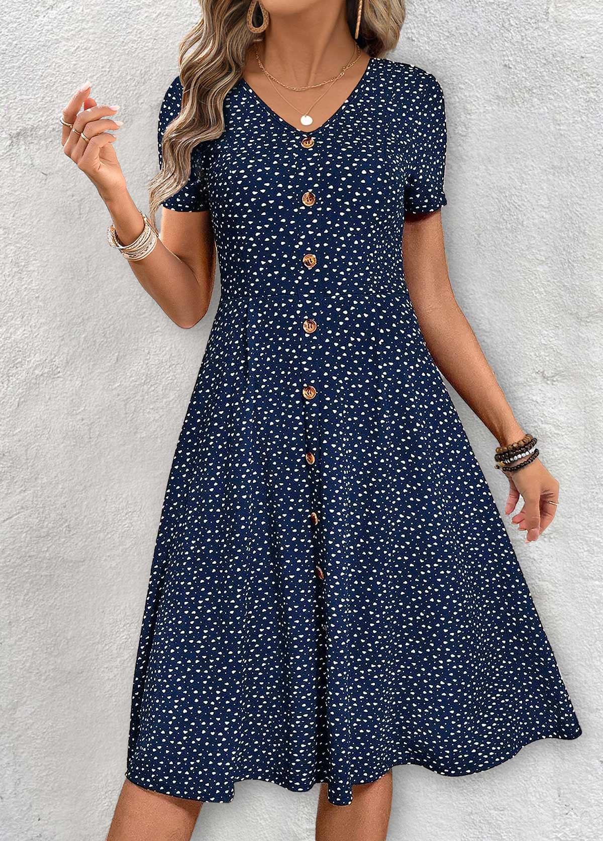 Navy Polka Dot Short Sleeve V Neck Dress