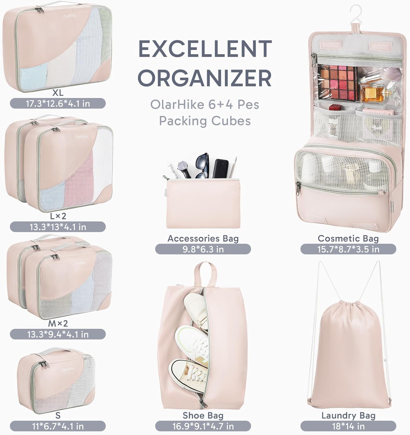 10 Set/8 Set Packing Cubes for Travel, Gifts for Women Mom,Anti-Tearing Suitcase Organizer for Luggage with Shoe & Hanging Toiletry Bag,OlarHike Vacation Essentials & Accessories for Cruise Ship,Cream