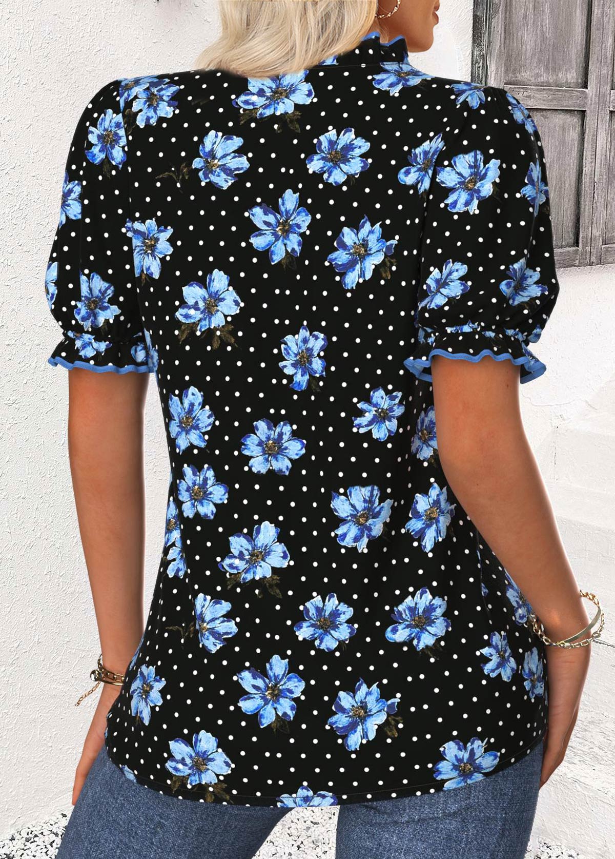 Blue Floral Print Short Sleeve Split Neck Blouse