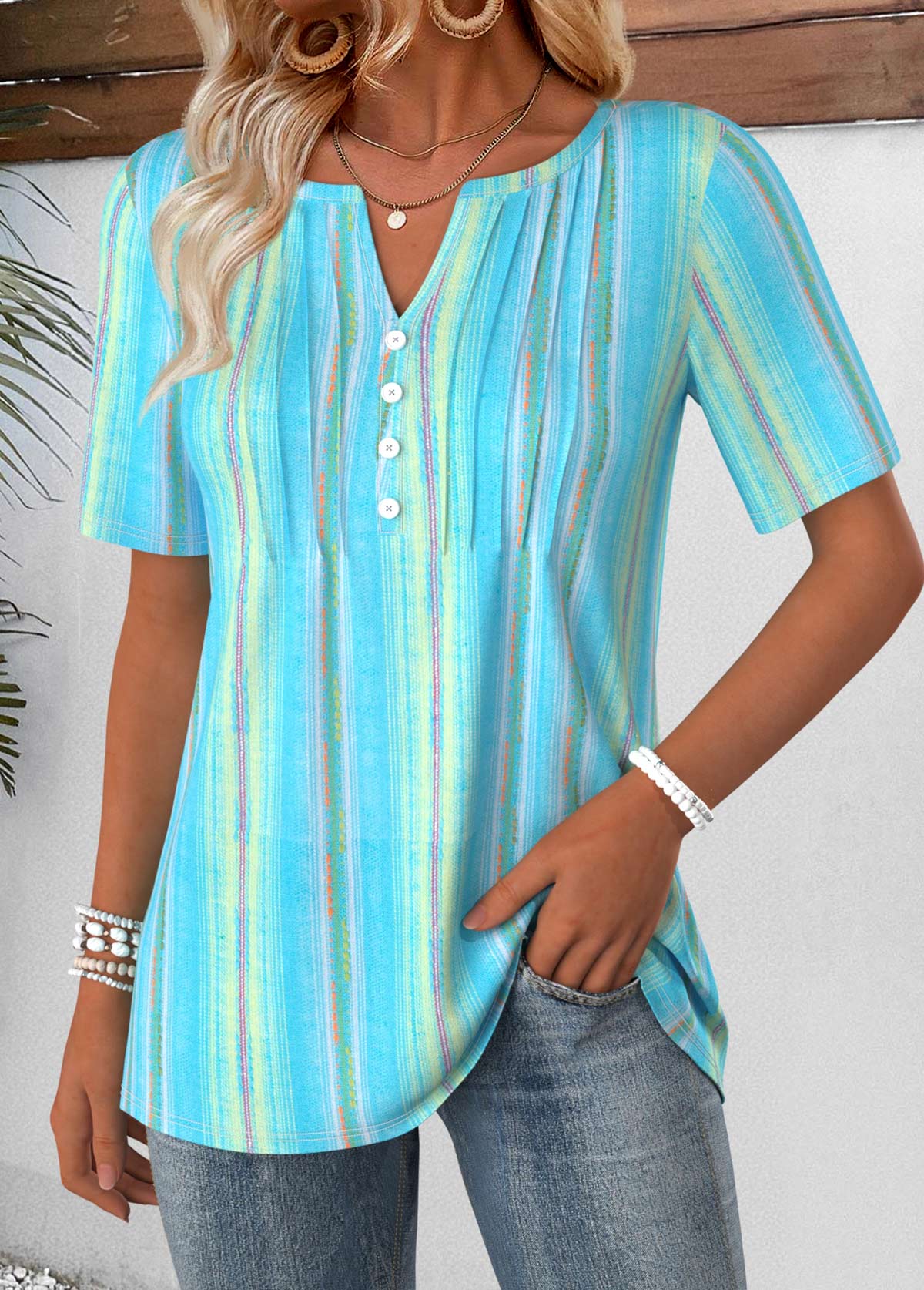 Blue Geometric Print Short Sleeve Split Neck T Shirt