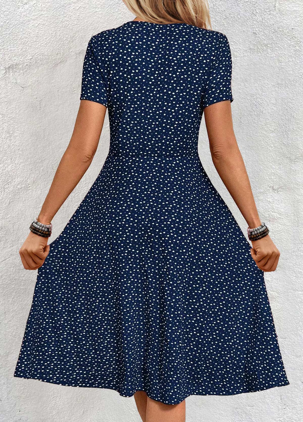 Navy Polka Dot Short Sleeve V Neck Dress
