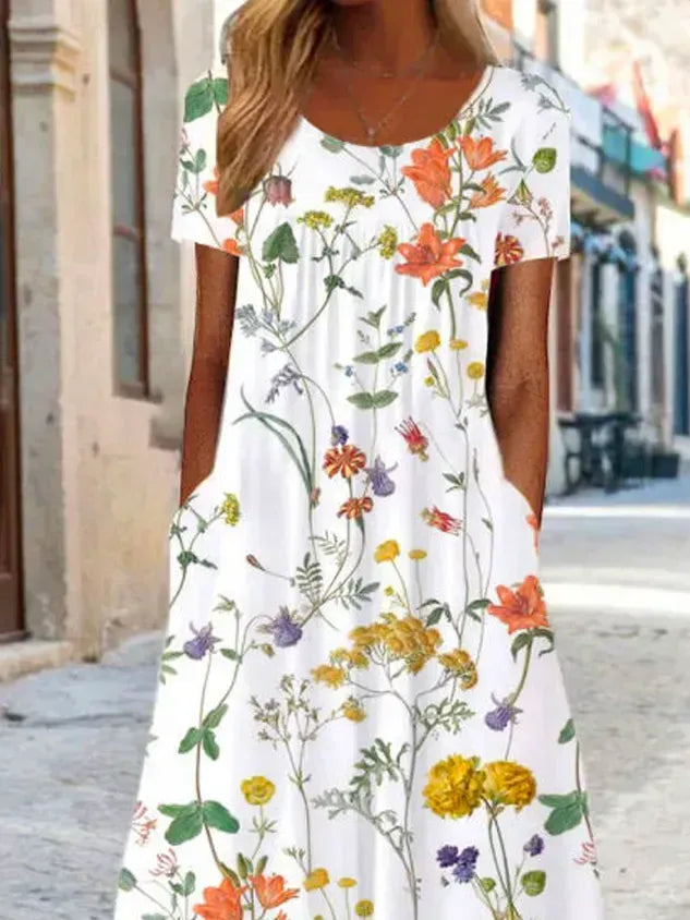 Blumenmuster Midi-Kleid Jersey Rundhals Kurzarm l盲ssiger Stil Noracora