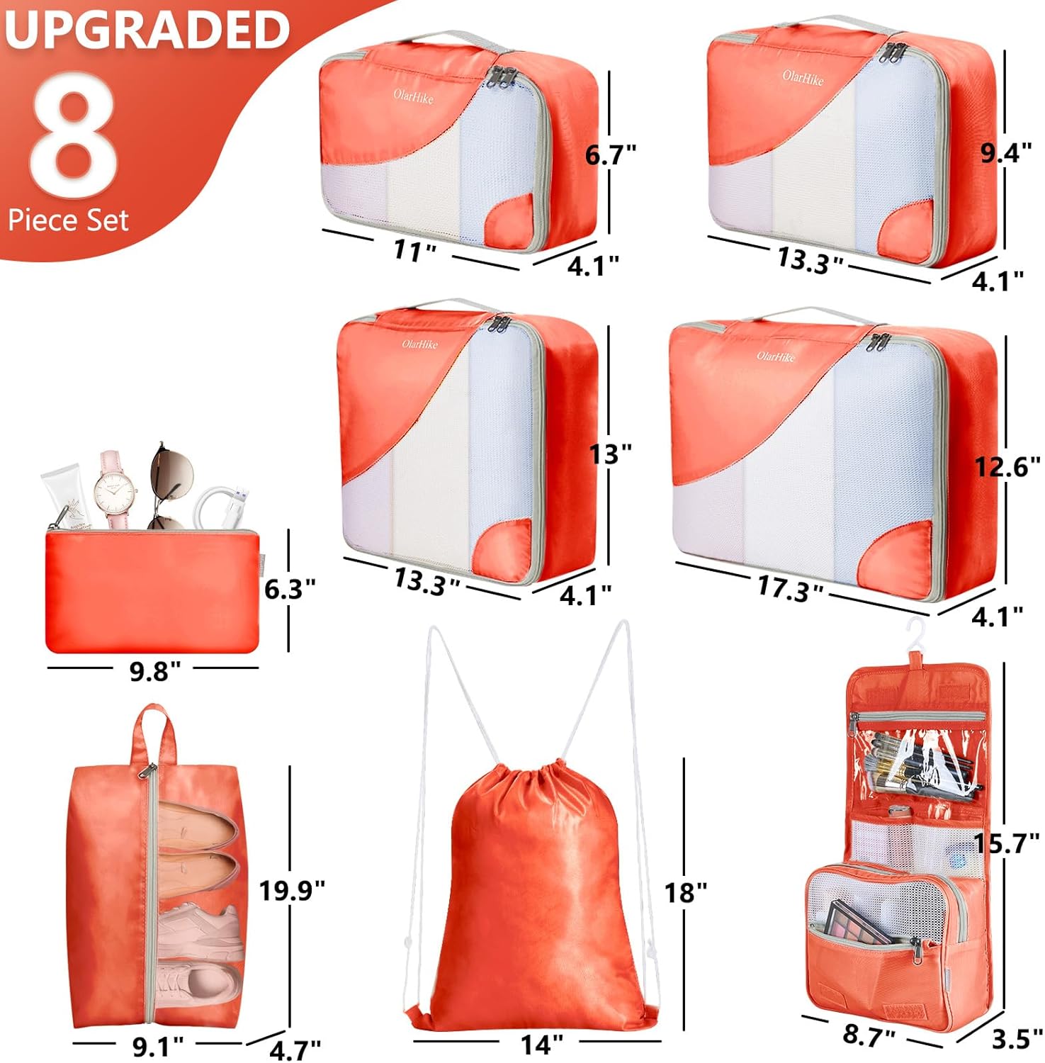 10 Set/8 Set Packing Cubes for Travel, Gifts for Women Mom,Anti-Tearing Suitcase Organizer for Luggage with Shoe & Hanging Toiletry Bag,OlarHike Vacation Essentials & Accessories for Cruise Ship,Cream