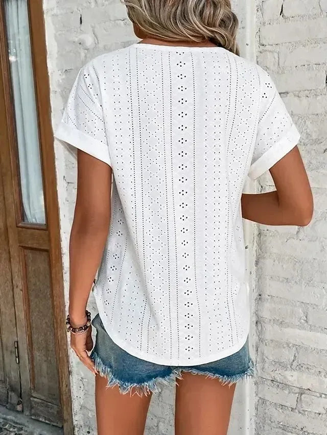 Women's T shirt Tee White Eyelet Tops Light Blue Black White Plain Cut Out Short Sleeve Daily Weekend Basic Round Neck Regular Cotton S