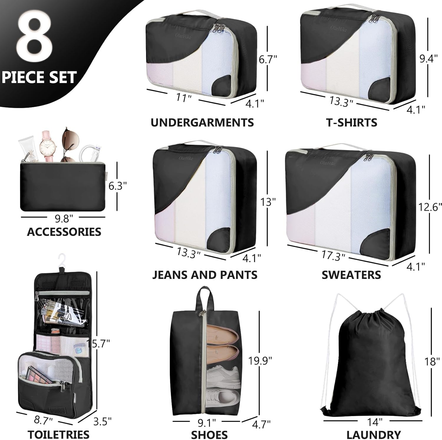 10 Set/8 Set Packing Cubes for Travel, Gifts for Women Mom,Anti-Tearing Suitcase Organizer for Luggage with Shoe & Hanging Toiletry Bag,OlarHike Vacation Essentials & Accessories for Cruise Ship,Cream