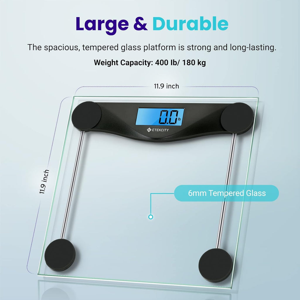 Etekcity Digital Body Weight Bathroom Scale, Large Blue LCD Backlight Display, High Precision Measurements,6mm Tempered Glass, 400 Pounds