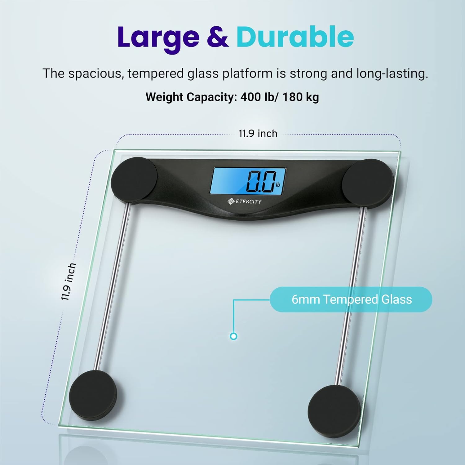 Etekcity Digital Body Weight Bathroom Scale, Large Blue LCD Backlight Display, High Precision Measurements,6mm Tempered Glass, 400 Pounds