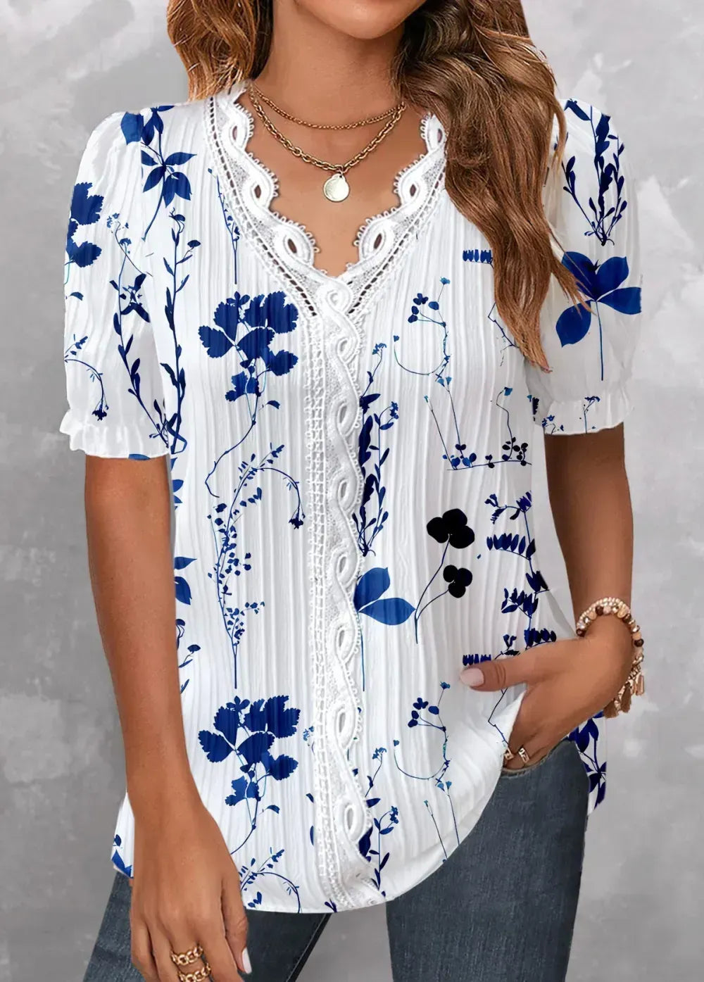 Dark Blue Embroidery Floral Print Short Sleeve Blouse