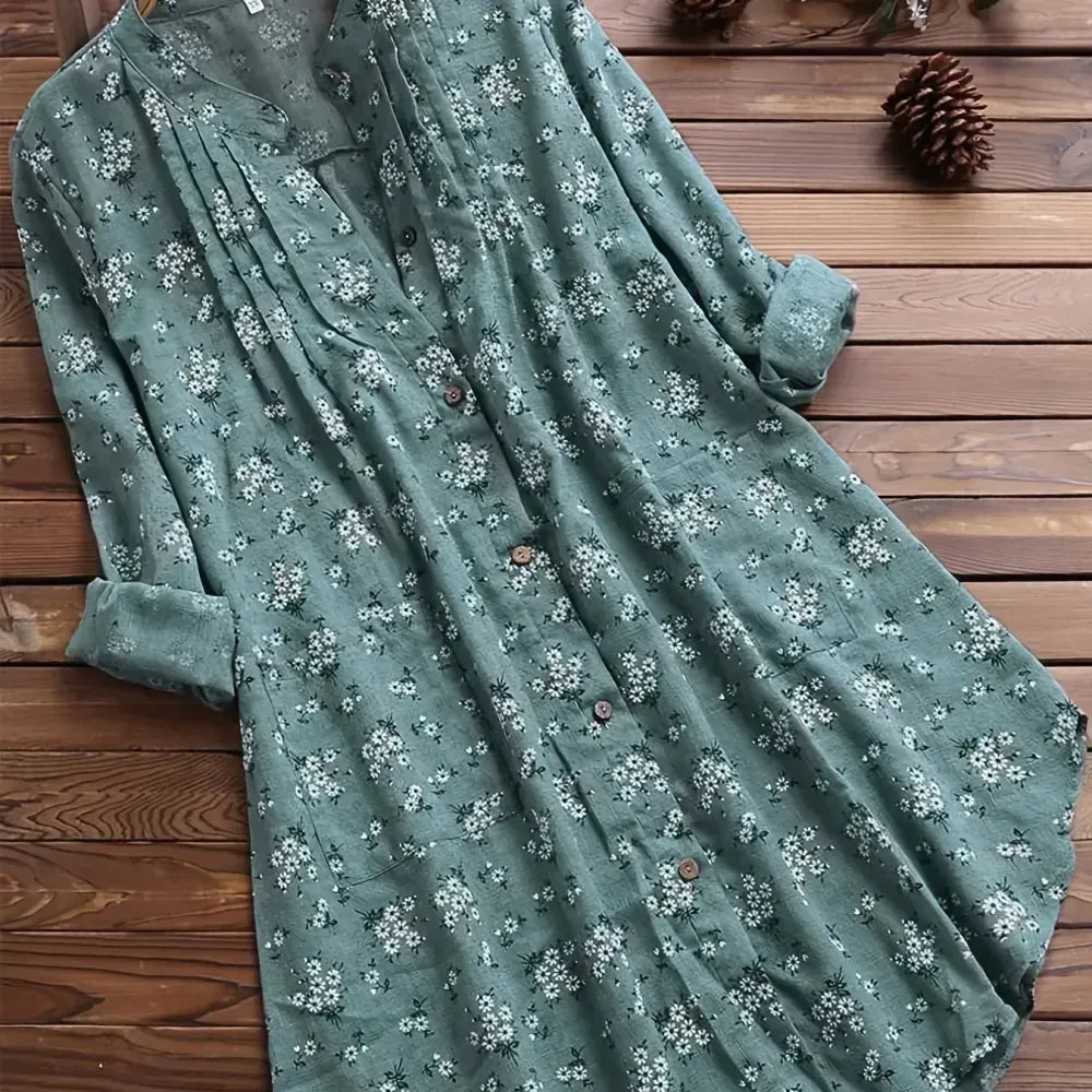 Plus Size Floral Print Long Sleeve Button Up Shirt, Women's Plus Turn Down Collar Casual Top