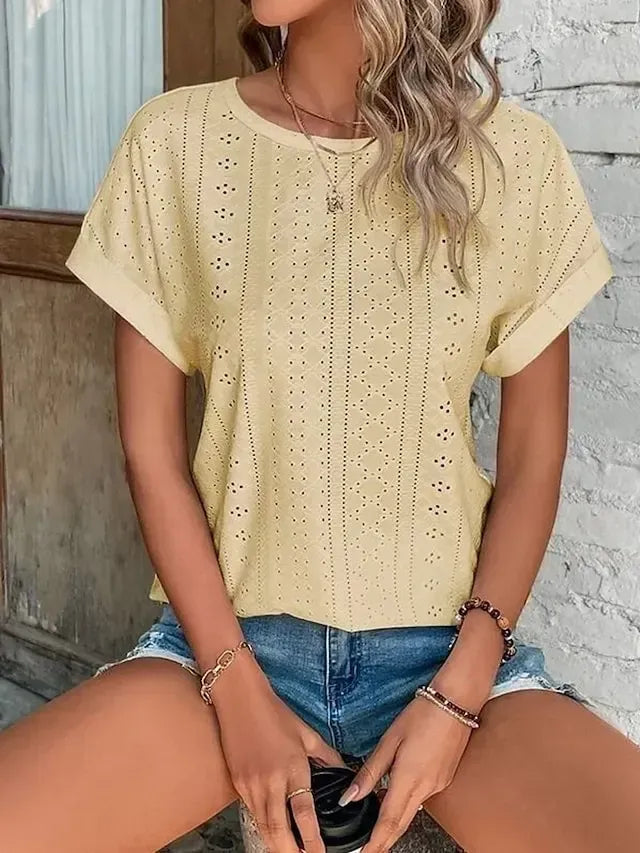 Women's T shirt Tee White Eyelet Tops Light Blue Black White Plain Cut Out Short Sleeve Daily Weekend Basic Round Neck Regular Cotton S