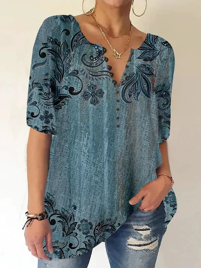 Women Half Sleeve V-neck Floral Printed Tops