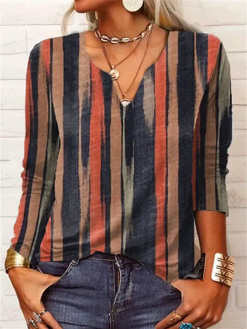 Women V-neck Graphic Floral Printed Long Sleeve Tops