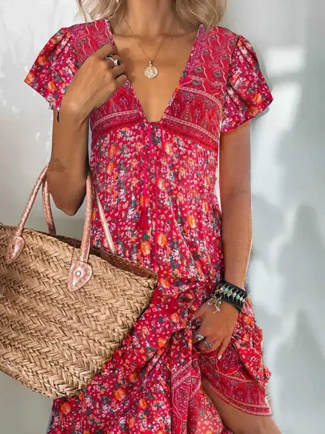 V Neck Casual Floral Printed Short Sleeve Woven Dress