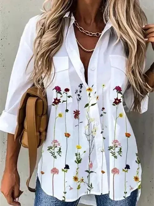 Women Long Sleeve Stand-up Collar Printed Graphic Top