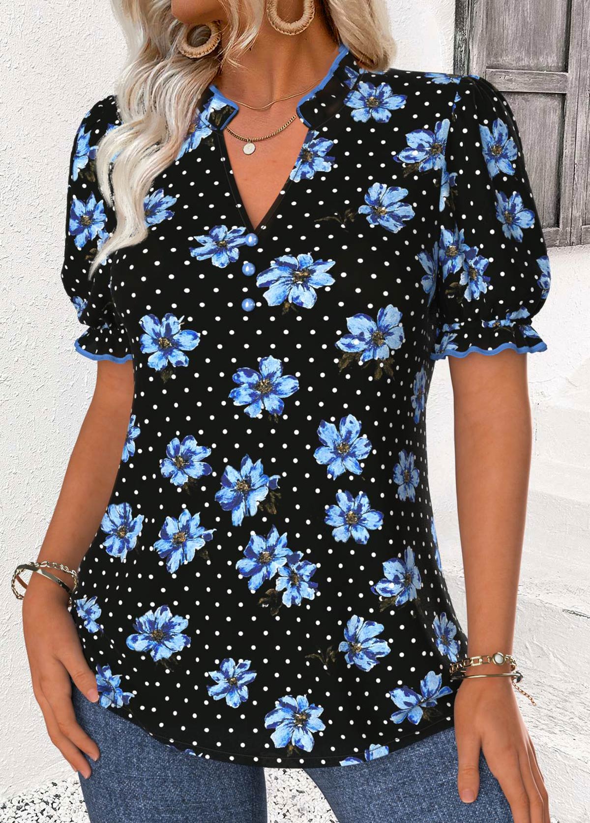 Blue Floral Print Short Sleeve Split Neck Blouse