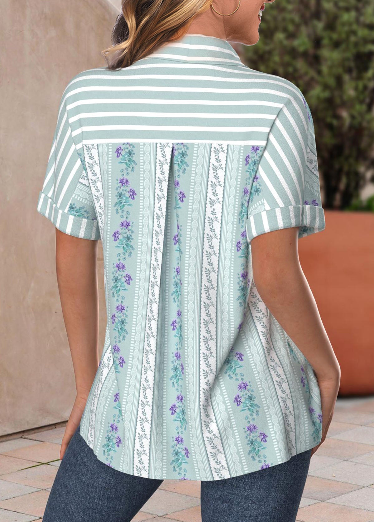 Green Pocket Striped Short Sleeve Shirt Collar Blouse