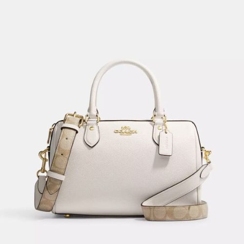 Coach Rowan Satchel Leather Bag With Signature Canvas Strap